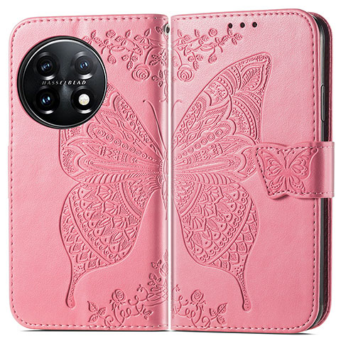 Coque Portefeuille Papillon Livre Cuir Etui Clapet pour OnePlus 11 5G Rose Rouge