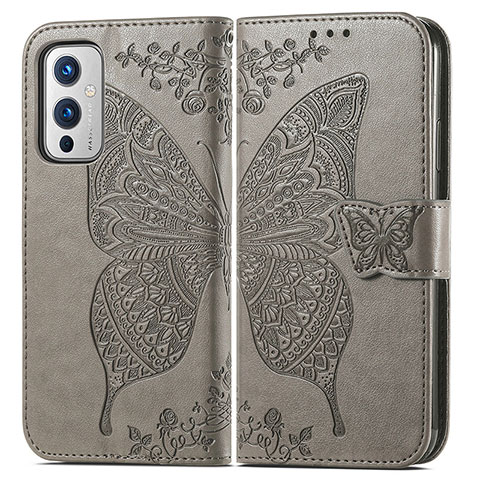 Coque Portefeuille Papillon Livre Cuir Etui Clapet pour OnePlus 9 5G Gris