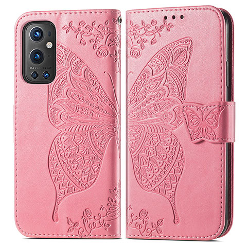 Coque Portefeuille Papillon Livre Cuir Etui Clapet pour OnePlus 9 Pro 5G Rose Rouge