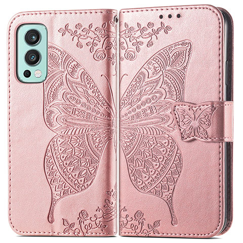 Coque Portefeuille Papillon Livre Cuir Etui Clapet pour OnePlus Nord 2 5G Or Rose