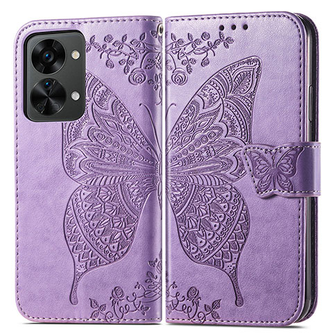 Coque Portefeuille Papillon Livre Cuir Etui Clapet pour OnePlus Nord 2T 5G Violet Clair