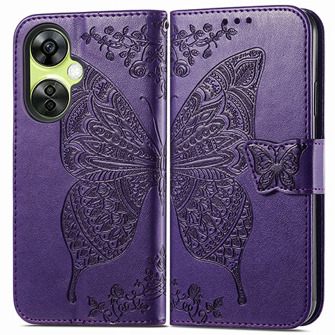 Coque Portefeuille Papillon Livre Cuir Etui Clapet pour OnePlus Nord CE 3 5G Violet