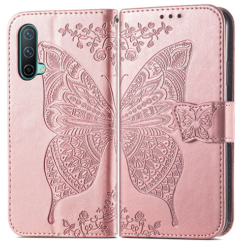 Coque Portefeuille Papillon Livre Cuir Etui Clapet pour OnePlus Nord CE 5G Or Rose