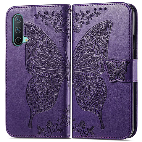 Coque Portefeuille Papillon Livre Cuir Etui Clapet pour OnePlus Nord CE 5G Violet