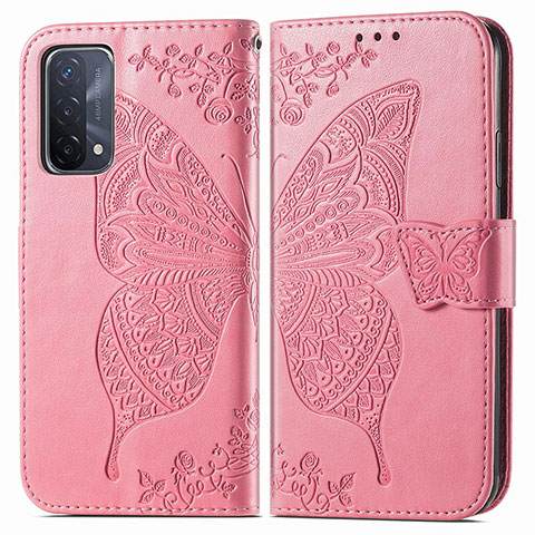 Coque Portefeuille Papillon Livre Cuir Etui Clapet pour Oppo A54 5G Rose Rouge