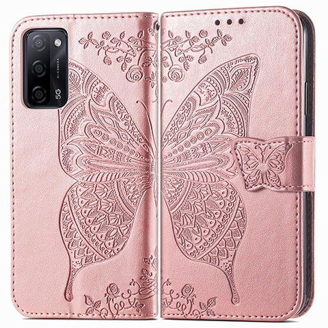 Coque Portefeuille Papillon Livre Cuir Etui Clapet pour Oppo A55 5G Rose