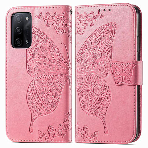 Coque Portefeuille Papillon Livre Cuir Etui Clapet pour Oppo A55 5G Rose Rouge