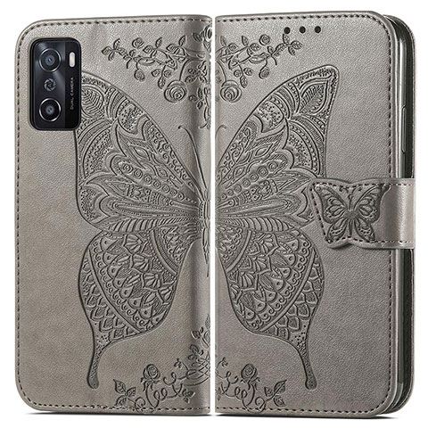 Coque Portefeuille Papillon Livre Cuir Etui Clapet pour Oppo A55S 5G Gris