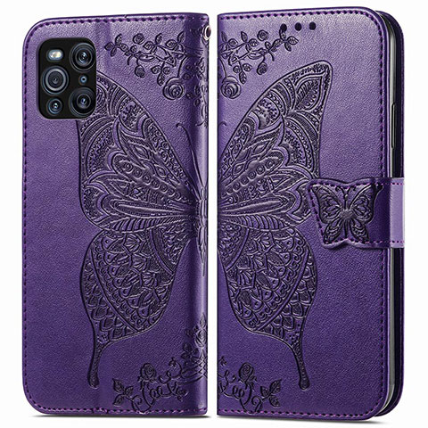 Coque Portefeuille Papillon Livre Cuir Etui Clapet pour Oppo Find X3 Pro 5G Violet