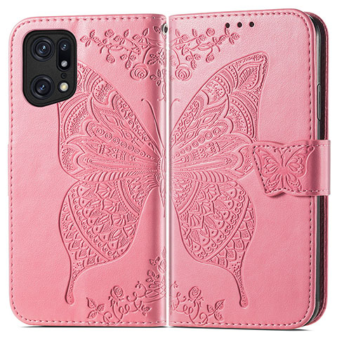 Coque Portefeuille Papillon Livre Cuir Etui Clapet pour Oppo Find X5 5G Rose Rouge