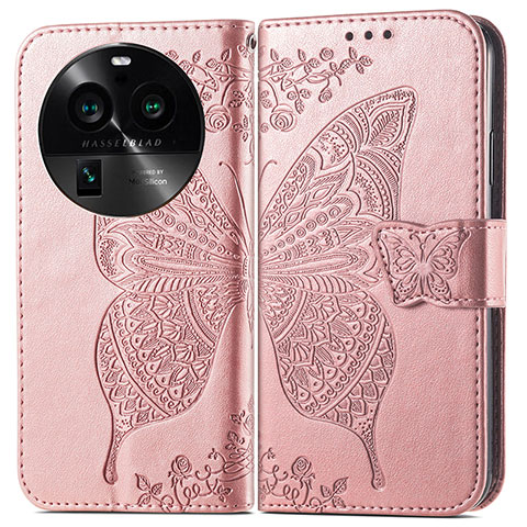 Coque Portefeuille Papillon Livre Cuir Etui Clapet pour Oppo Find X6 5G Or Rose