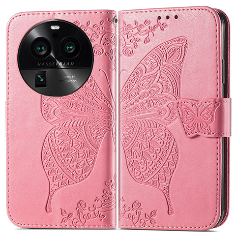 Coque Portefeuille Papillon Livre Cuir Etui Clapet pour Oppo Find X6 5G Rose Rouge