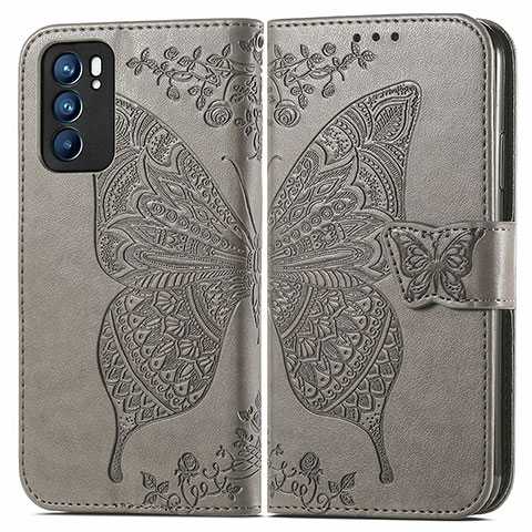 Coque Portefeuille Papillon Livre Cuir Etui Clapet pour Oppo Reno6 5G Gris