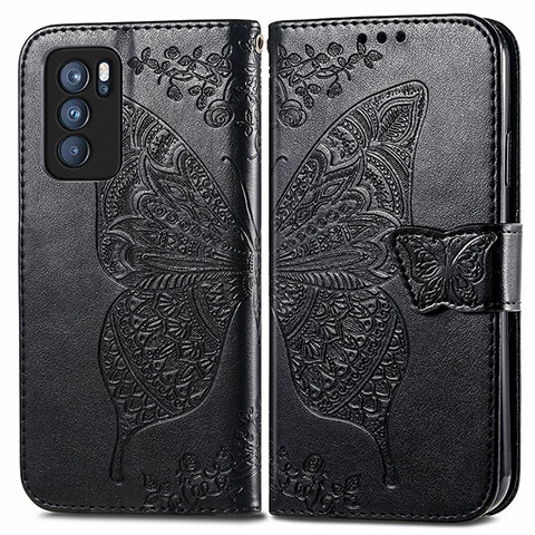 Coque Portefeuille Papillon Livre Cuir Etui Clapet pour Oppo Reno6 Pro 5G India Noir