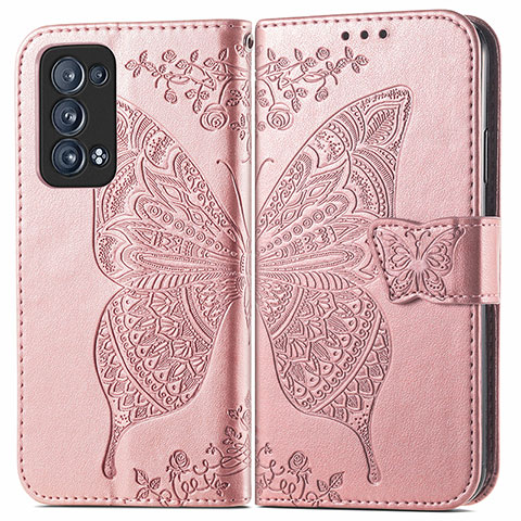 Coque Portefeuille Papillon Livre Cuir Etui Clapet pour Oppo Reno6 Pro+ Plus 5G Rose