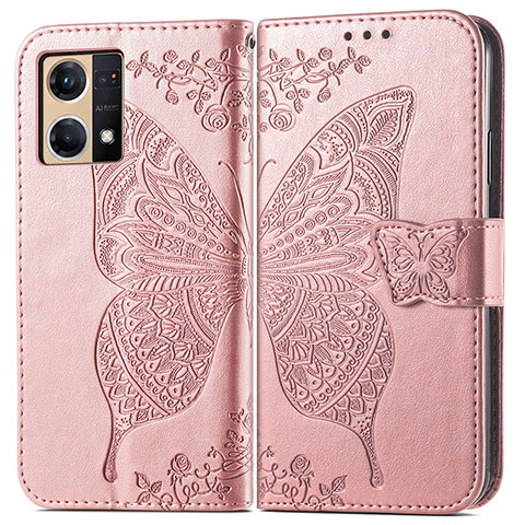 Coque Portefeuille Papillon Livre Cuir Etui Clapet pour Oppo Reno7 4G Rose