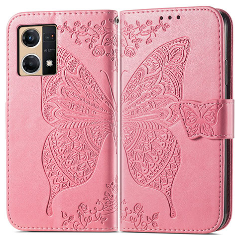 Coque Portefeuille Papillon Livre Cuir Etui Clapet pour Oppo Reno7 4G Rose Rouge