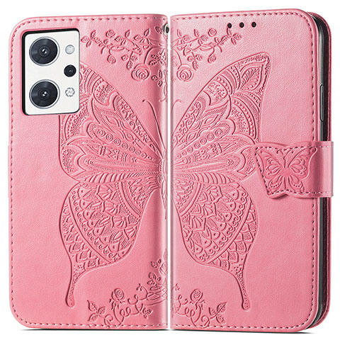 Coque Portefeuille Papillon Livre Cuir Etui Clapet pour Oppo Reno7 A Rose Rouge