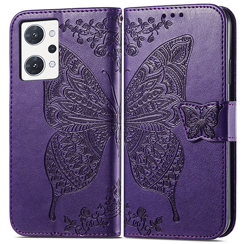 Coque Portefeuille Papillon Livre Cuir Etui Clapet pour Oppo Reno7 A Violet