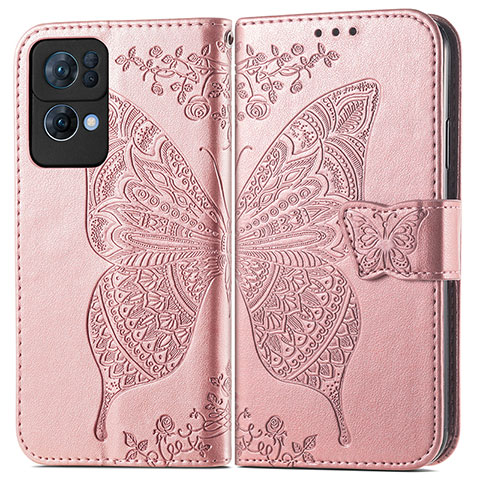 Coque Portefeuille Papillon Livre Cuir Etui Clapet pour Oppo Reno7 Pro 5G Rose