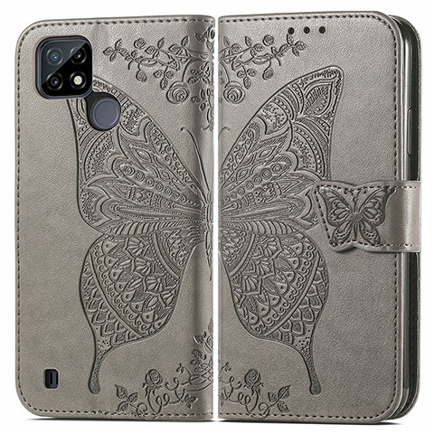 Coque Portefeuille Papillon Livre Cuir Etui Clapet pour Realme C21 Gris