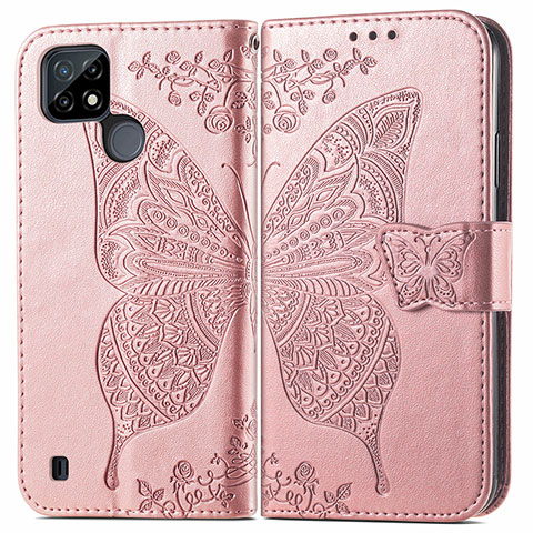 Coque Portefeuille Papillon Livre Cuir Etui Clapet pour Realme C21 Or Rose