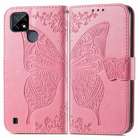 Coque Portefeuille Papillon Livre Cuir Etui Clapet pour Realme C21Y Rose Rouge