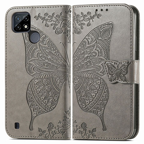 Coque Portefeuille Papillon Livre Cuir Etui Clapet pour Realme C25Y Gris