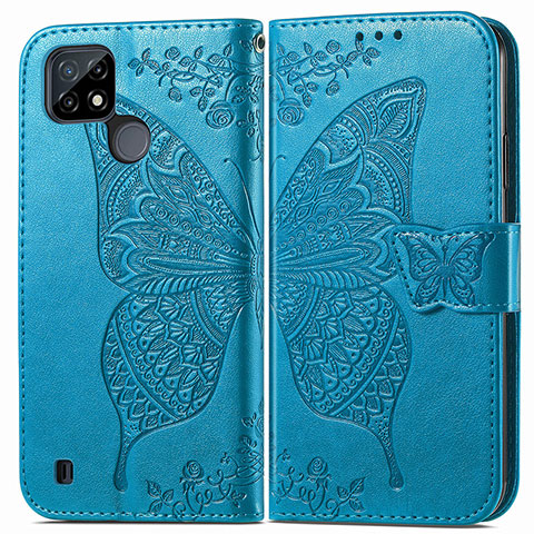 Coque Portefeuille Papillon Livre Cuir Etui Clapet pour Realme C25Y India Bleu