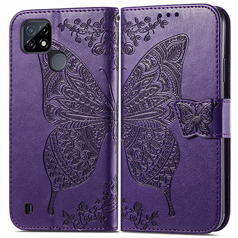 Coque Portefeuille Papillon Livre Cuir Etui Clapet pour Realme C25Y Violet