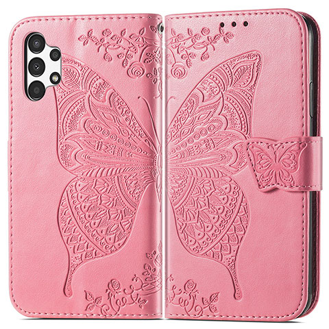 Coque Portefeuille Papillon Livre Cuir Etui Clapet pour Samsung Galaxy A13 4G Rose Rouge