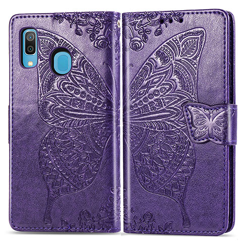 Coque Portefeuille Papillon Livre Cuir Etui Clapet pour Samsung Galaxy A20 Violet