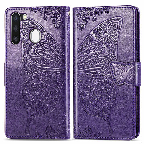 Coque Portefeuille Papillon Livre Cuir Etui Clapet pour Samsung Galaxy A21 European Violet