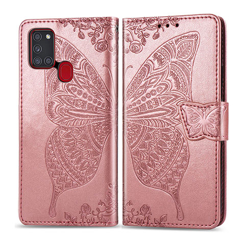 Coque Portefeuille Papillon Livre Cuir Etui Clapet pour Samsung Galaxy A21s Rose