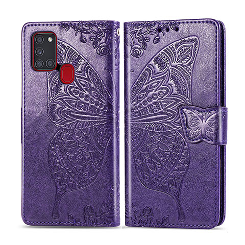 Coque Portefeuille Papillon Livre Cuir Etui Clapet pour Samsung Galaxy A21s Violet