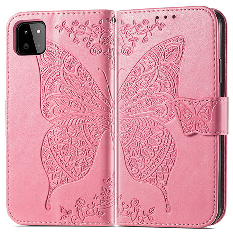 Coque Portefeuille Papillon Livre Cuir Etui Clapet pour Samsung Galaxy F42 5G Rose Rouge