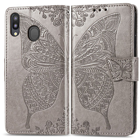 Coque Portefeuille Papillon Livre Cuir Etui Clapet pour Samsung Galaxy M20 Gris