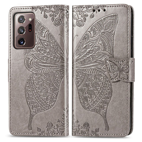 Coque Portefeuille Papillon Livre Cuir Etui Clapet pour Samsung Galaxy Note 20 Ultra 5G Gris