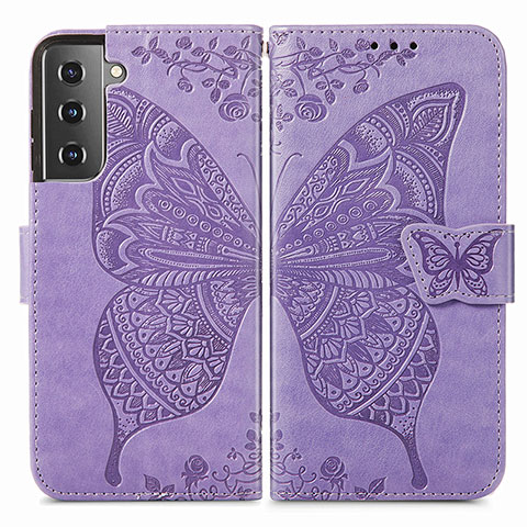 Coque Portefeuille Papillon Livre Cuir Etui Clapet pour Samsung Galaxy S21 5G Violet Clair