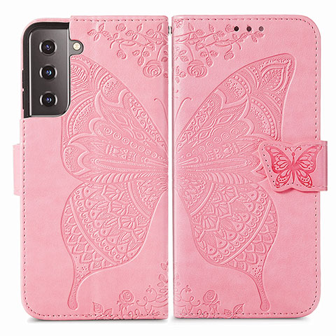 Coque Portefeuille Papillon Livre Cuir Etui Clapet pour Samsung Galaxy S21 Plus 5G Rose Rouge