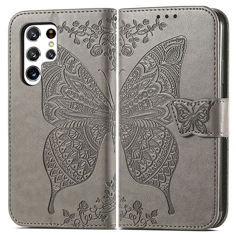 Coque Portefeuille Papillon Livre Cuir Etui Clapet pour Samsung Galaxy S22 Ultra 5G Gris