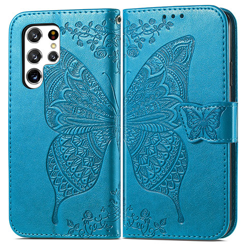 Coque Portefeuille Papillon Livre Cuir Etui Clapet pour Samsung Galaxy S23 Ultra 5G Bleu