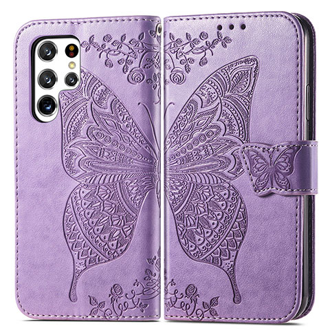 Coque Portefeuille Papillon Livre Cuir Etui Clapet pour Samsung Galaxy S23 Ultra 5G Violet Clair