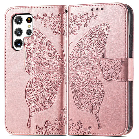 Coque Portefeuille Papillon Livre Cuir Etui Clapet pour Samsung Galaxy S24 Ultra 5G Rose