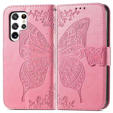 Coque Portefeuille Papillon Livre Cuir Etui Clapet pour Samsung Galaxy S24 Ultra 5G Rose Rouge