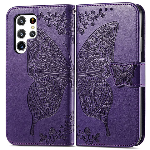 Coque Portefeuille Papillon Livre Cuir Etui Clapet pour Samsung Galaxy S24 Ultra 5G Violet