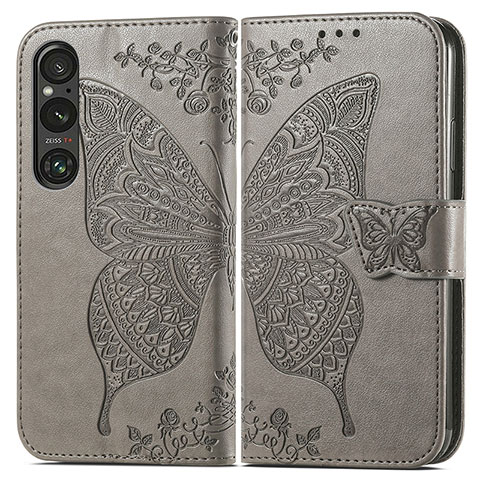 Coque Portefeuille Papillon Livre Cuir Etui Clapet pour Sony Xperia 1 V Gris