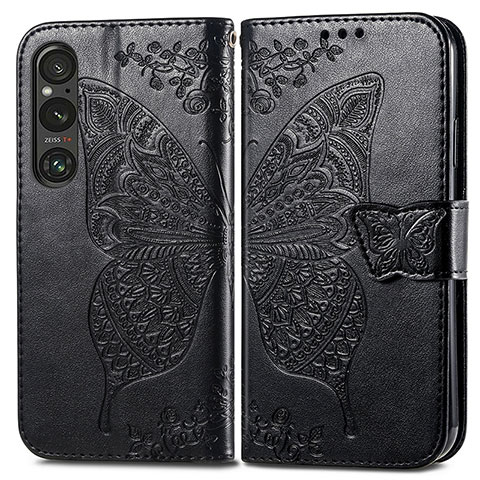 Coque Portefeuille Papillon Livre Cuir Etui Clapet pour Sony Xperia 1 V Noir