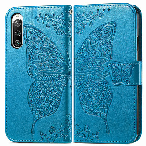 Coque Portefeuille Papillon Livre Cuir Etui Clapet pour Sony Xperia 10 IV SO-52C Bleu