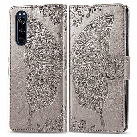 Coque Portefeuille Papillon Livre Cuir Etui Clapet pour Sony Xperia 5 Gris